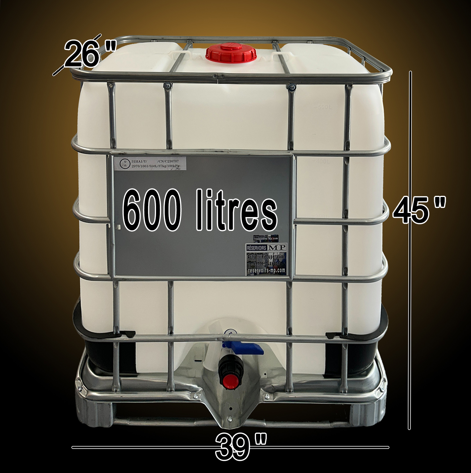 Tote neuve alimentaire 600 Litres cage en métal dimensions 39" large par 30" de haut et 47" de profonds pour boissons, eau d'érable, jus, huiles comestibles. Produits chimiques et pharmaceutiques, Acides, solvants, additifs liquides. Agriculture, engrais, pesticides, nutriments liquides, Lubrifiants, détergents, et fluides industriels