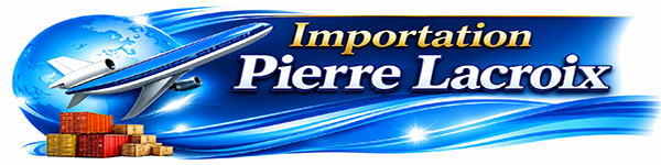 Blue banner logo for Importation Pierre Lacroix featuring a globe, airplane, and stacked cargo containers.