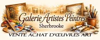 Banner for Galerie Artistes Peintres Sherbrooke with easels, brushes, and framed paintings; includes the text 'Galerie Artistes Peintres Sherbrooke' and 'Vente d'œuvres d'art'