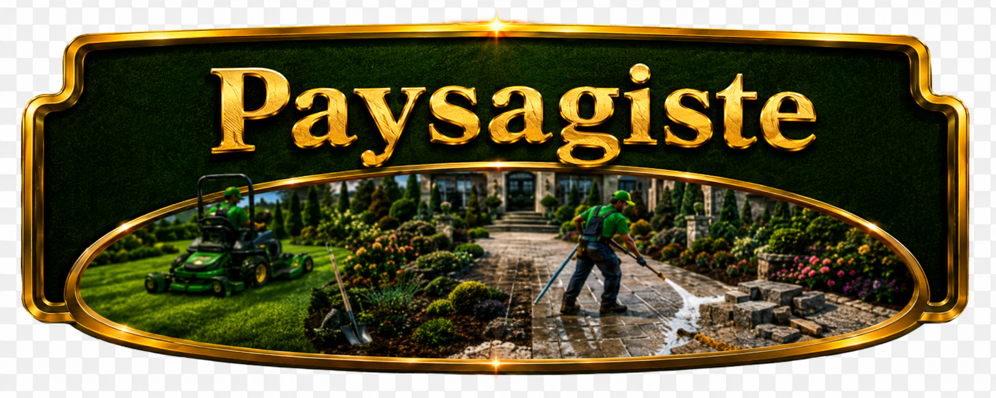 Gold-framed sign reading 'Paysagiste' over a garden scene with a worker mowing grass and another laying bricks.